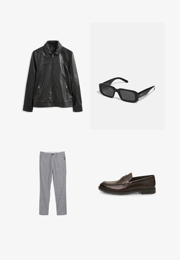 Fekete bőrdzseki, galléros nyakkal, elöl cipzáras záródással, két oldalsó cipzáras zsebbel és sima felülettel.; Fekete kötött pulóver magas nyakkal, hosszú ujjakkal, bordás mandzsettákkal és alsó résszel, sima textúrával és klasszikus sziluettel.; Szürke, egyenes szárú nadrág textúrált anyagból. Gombos záródással, övgyűrűkkel és egy kis oldalsó zsebbel rendelkezik.; Barna bőr loaferek sima textúrával, lekerekített orral és varrási részletekkel. Alacsony, réteges sarkuk van, és slip-on kivitel.; Arnette THEKIDD UNISEX - Napszemüvegek - black