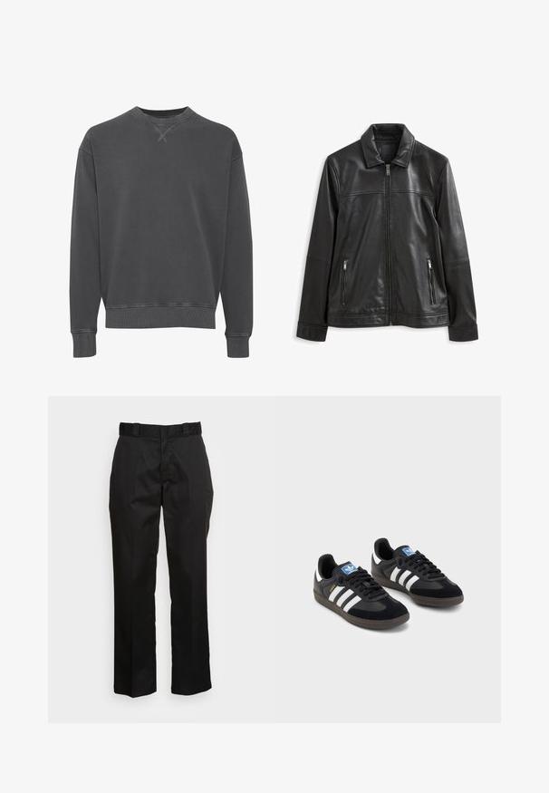 Giubbotto in pelle nera con colletto, chiusura frontale con zip, due tasche laterali con zip e una texture liscia.; Felpa girocollo grigia scura realizzata in cotone misto, con polsini e orlo ribattuti, dotata di una finitura texture e dettagli di cucitura sottili.; Pantaloni neri realizzati in un tessuto morbido, con design a gamba dritta, passanti per cintura e due tasche laterali. Aspetto classico senza decorazioni.; Sneakers neri con tomaia in suede e materiale sintetico, caratterizzati da tre strisce bianche, suola in gomma testurizzata e etichetta blu sul linguetta.