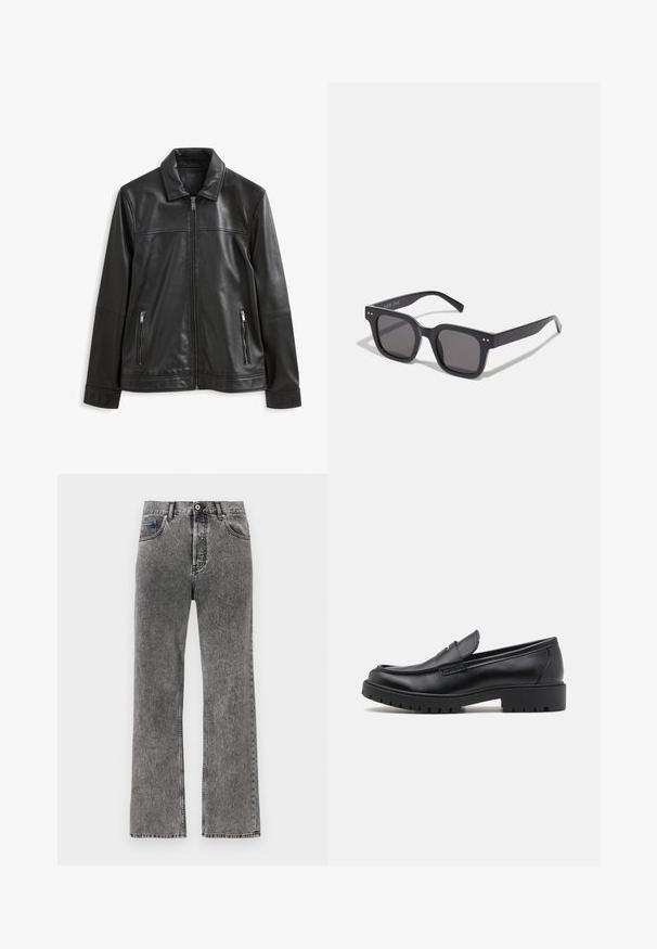 Jachetă din piele neagră cu guler, închidere frontală cu fermoar, două buzunare laterale cu fermoar și o textură netedă.; Cămașă din denim negru cu mâneci lungi, guler cu nasturi și accesorii din metal argintiu. Presentă o croială dreaptă și o textură simplă.; Jeans negri din denim spălat, cu picioare drepte, fermoar și nasture în față, bucle pentru curea și design cu cinci buzunare.; Mocasini din piele neagră cu vârf rotund, design slip-on și talpă groasă din cauciuc cu un grip texturat. Toc înălțat și detalii subtile de cusătură.; Ochelari de soare negri, de formă rectangulară, cu lentile închise, având un cadru gros, accente subtile pe margini și fără logo-uri vizibile în afară de numele brandului.