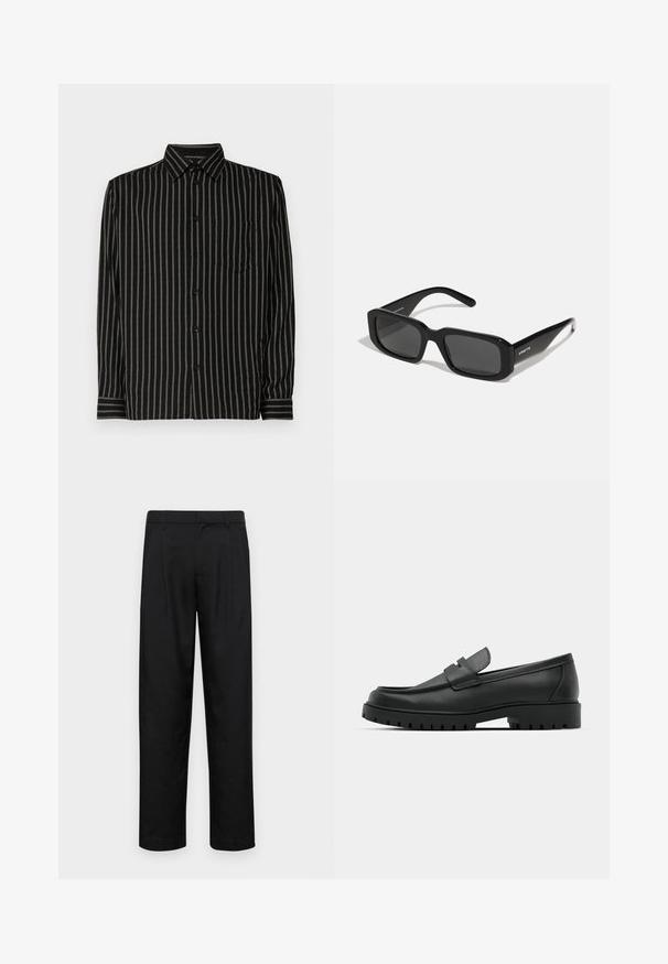 Czarna skórzana kurtka z kołnierzykiem, przednim zapięciem na zamek, dwoma bocznymi kieszeniami na zamek oraz gładką fakturą.; Czarna koszula z pionowymi białymi paskami, z kołnierzykiem, długimi rękawami, kieszonką na klatce piersiowej i z zapięciem na guziki. Materiał wydaje się gładki i lekki.; Czarne spodnie wykonane z gładkiego materiału, z prostą nogawką, dwoma fałdami z przodu oraz standardowym paskiem z wypustkami na pasek.; Czarne skórzane mokasyny z zaokrąglonym noskiem, posiadające przeszywany wzór, niską platformę oraz teksturowaną, gumową podeszwę z bieżnikiem.; Arnette THEKIDD UNISEX - Okulary przeciwsłoneczne