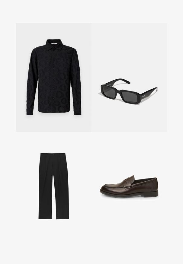 Giubbotto in pelle nera con colletto, chiusura frontale con zip, due tasche laterali con zip e una texture liscia.; Camicia nera a maniche lunghe con bottoni, caratterizzata da un sottile motivo circolare testurizzato e una tasca sul petto, esposta su uno sfondo bianco.; Pantaloni neri con un design a gamba dritta, realizzati in un tessuto liscio. Presentano pieghe frontali e una chiusura a un bottone in vita.; Mocassini in pelle marrone con una superficie liscia, punta arrotondata e dettagli di cucitura. Caratterizzati da un tacco basso impilato e design slip-on.; Arnette THEKIDD UNISEX - Occhiali da sole - black