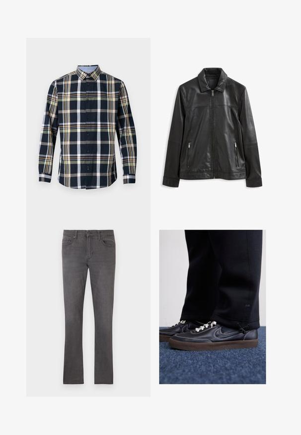 Mustast nahast jakk, millel on kraega kaelus, ees lukuga sulgemine, kaks külgmist lukuga taskut ja sile tekstuur.; Meeste nööpidega särk puuvillast, millel on tumesinine, roheline ja kollane ruuduline muster. Incluudes laia krae ja pikad varrukad.; Meeste slim-fit hallid teksad esikottide, vööde jaoks silmade ja nupuga kinnisega valgel taustal.; Nike Sportswear KILLSHOT 2 LTR PRM OPP2 - Tossud - black sail baroque brown mtlc dk grey