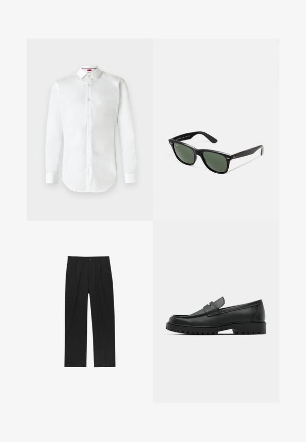 Zwart leren jasje met een kraag, rits aan de voorkant, twee zijzakken met rits en een gladde textuur.; Witte langlingse knoop blouse van katoen. Heeft een klassieke kraag, knopen aan de voorkant en een gebogen zoom. Eenvoudig en rechttoe rechtaan ontwerp.; Zwarte broeken met een recht model, gemaakt van een gladde stof. Voorzien van een voorplooien en een enkele knoopsluiting bij de taille.; Zwarte leren instappers met een ronde neus, voorzien van een gestikt ontwerp, een lage platformzool en een gestructureerde, grof rubberen buitenzool.; Zwarte plastic zonnebril met groene lenzen, vierkante montuur, zilveren accent op de wenkbrauw en een gestructureerde tempel. Merken vermeld op de binnenkant van de arm.