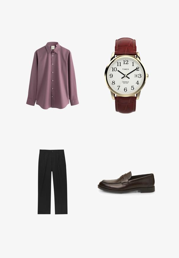Fekete bőrdzseki, galléros nyakkal, elöl cipzáras záródással, két oldalsó cipzáras zsebbel és sima felülettel.; Next REGULAR FIT SINGLE CUFF - Alkalmi ing - mauve pink; Fekete nadrág egyenes szárú kialakítással, sima anyagból készült. Elöl redők és egy gombos záródás található a derékon.; Barna bőr loaferek sima textúrával, lekerekített orral és varrási részletekkel. Alacsony, réteges sarkuk van, és slip-on kivitel.; Timex óra fehér számlappal, fekete arab számokkal és aranyszínű tokal. Jellemzője egy barna bőrszíj krokodilmintás felülettel és dátumnéző ablak.