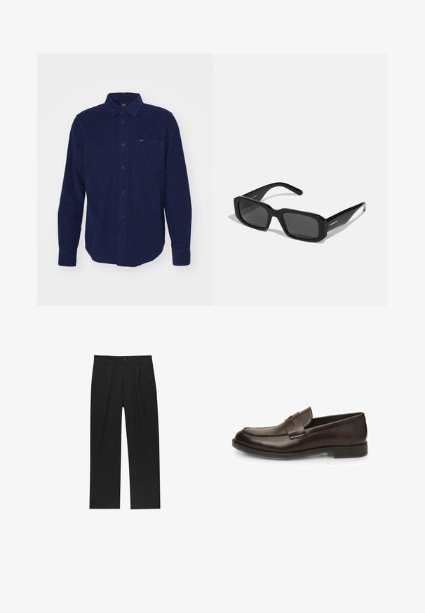 Crna kožna jakna s ovratnikom, prednjim zatvaračem na patentni zatvarač, dva bočna džepa s patentnim zatvaračem i glatkom teksturom.; Tamno plava košulja od korduras, dugih rukava, s kragnom na dugmad, prednjim džepom i suptilnim detaljima teksture. Sadrži brendiranu oznaku na kragen.; Crne hlače ravnog kroja, izrađene od glatkog materijala. Imaju prednje nabore i jedan dugme na struku.; Smeđe kožne mokasine s glatkom teksturom, okruglim vrhom i detaljima šivanja. Imaju nisku, slojevitu petu i dizajn za jednostavno obuvanje.; Arnette THEKIDD UNISEX - Sunčane naočale - black; Timex satelit sa bijeljem brojčanikom, crnim arapskim brojevima i kućištem u zlatnoj boji. Ima smešani kožni remen s reljefnim uzorkom krokodila i prozor za datum.