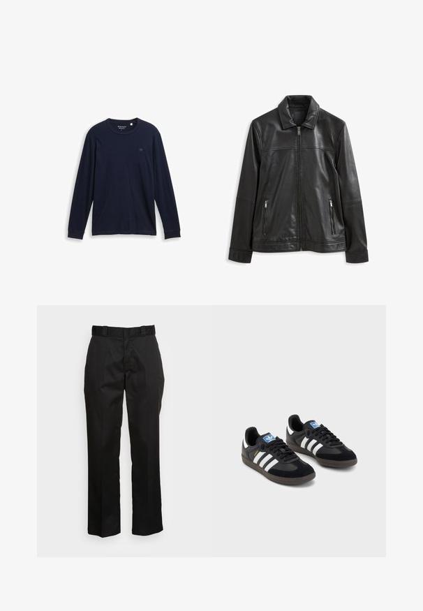 Crna kožna jakna s ovratnikom, prednjim zatvaračem na patentni zatvarač, dva bočna džepa s patentnim zatvaračem i glatkom teksturom.; Mornarska majica s dugim rukavima od mekanog pamuka, koja ima okrugli dekolte, šivane rubove i mali, izvezeni logo na prsima.; Crne hlače izrađene od glatkog materijala, s ravnim krojem, petljama za pojas i dva bočna džepa. Klasičan izgled bez ukrasa.; Crne tenisice s gornjim dijelom od antilopa i sintetičkog materijala, s tri bijele pruge, teksturiranom gumenom potplatom i plavom oznakom na jeziku.