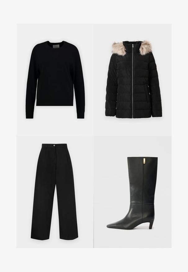 Svart puffjakke med glidelås foran, har faux fur-kant på hetta, kviltet design og sidelommer. Teksturert, lett stoff.; Svart strikkegenser med rund hals, lange raglanermer og ribbestrikket kant. Glatt tekstur, minimalistisk design, ingen synlige mønstre eller detaljer.; Sorte vide bukser med flat front, to folder, en enkelt knaplukning og en glat tekstur. Ingen synlige lommer.; Sorte lærknæhøje støvler med spids tå og en lille hæl. Har et strømlinet design med en gylden accentdetalje. Glat tekstur.