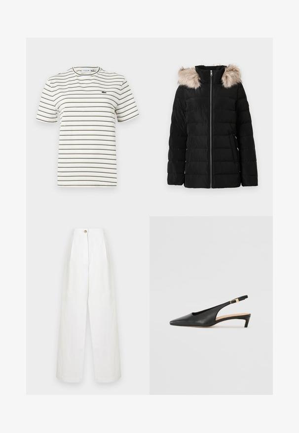 Svart puffjakke med glidelås foran, har faux fur-kant på hetta, kviltet design og sidelommer. Teksturert, lett stoff.; Stripet t-skjorte i hvit med tynne olivengrønne striper. Har rund hals, korte ermer og en liten Lacoste-logo på brystet.; Hvite bukser med vid bein i et lett stoff, featuring høy midje, frontfold og en enkelt knappelukking i midjen.; Svart lær slingback hæl med spiss tå, lav hæl og justerbar ankelrem med en gullfarget spenne. Glatt tekstur.