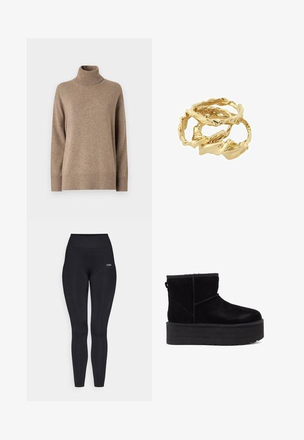 Pruun karvane ülikond, millel on pikk, sirge disain, laiad klapid ja avatud esiosa. Pehme tekstuur ja täispikkustega varrukad lisavad soojust ja stiili.; Beež kaelus-sweater, mis on valmistatud pehmest ja tekstureeritud kangast. Omab pikki varrukaid ning soonikkoes äärist ja kraed. Lihtne, minimalistlik disain.; Mustad mustreid, kõrge vöökoht, valmistatud siledast ja venivast kangast. Omab väikest logode detaili vöökoha lähedal.; Mustade seemisääreline nahast saapad paksu platvormi ja pehme voodriga. Kaunistatud õmbluste ja seljapoolse tõmbluku abil, mis muudab selga panemise lihtsaks.; Kuldtooni keeratud rõngad üksteise peal, millel on tekstureeritud disain ja siledad, kaardus servad, luues orgaanilise ja voolava välimuse.