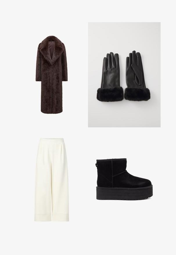 Bruine bontjas met een lang, recht ontwerp, brede revers en open voorkant. Zachte textuur en lange mouwen verbeteren de warmte en stijl.; Zwarte, lange mouwen cropped top met een hoge halslijn. Gemaakt van gladde, aansluitende stof zonder zichtbare patronen of accenten.; Witte wijde cropped broek met een elastische tailleband, een soepele textuur en subtiele plooien aan de voorkant, met gestikte zomen aan de onderkant.; Zwarte suède enkellaarzen met een dikke platformzool en een zachte voering. Afgewerkt met stikselaccenten en een achterste looplip voor eenvoudig aan- en uittrekken.; Pieces PCRUJIA SMART GLOVES - Handschoenen - black