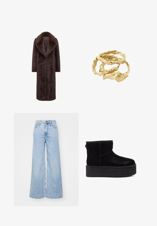 Ruskea turkki, jossa on pitkä, suora muotoilu, leveät kaulukset ja avoin etuosa. Pehmeä rakenne ja täysimittaiset hihat lisäävät lämpöä ja tyyliä.; Musta, pitkähihais cropped toppi, jossa on korkea kaulus. Valmistettu sileästä, tiukasta materiaalista, jossa ei ole näkyviä kuvioita tai koristeita.; Vaaleansiniset nojapöksyt denim-materiaalista, joissa on korkea vyötärö, nappikiinnitys ja hillitty haalistuminen. Reunat on viimeistelty.; Musta mokkanahka nilkkaboots paksulla platform-pohjalla ja pehmeällä vuorilla. Viimeistelty ompeluaksenteilla ja takana olevan vetolenkin avulla helppoa pukemista varten.; Kultaiset kierretty rengas pinotut yhteen, joissa on teksturoitu muotoilu ja sileät, kaarevat reunat, luoden orgaanisen, virtaavan ilmeen.