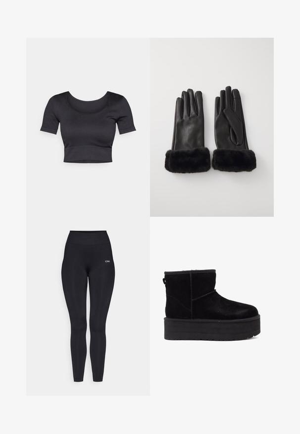 Pruun karvane ülikond, millel on pikk, sirge disain, laiad klapid ja avatud esiosa. Pehme tekstuur ja täispikkustega varrukad lisavad soojust ja stiili.; Must have rõngaste ja lühikeste varrukatega must ribakujundusega topsi, millel on lai ümar dekoltee ja madal vöökoht. Pehme tekstuur, juhuslik disain.; Mustad mustreid, kõrge vöökoht, valmistatud siledast ja venivast kangast. Omab väikest logode detaili vöökoha lähedal.; Mustade seemisääreline nahast saapad paksu platvormi ja pehme voodriga. Kaunistatud õmbluste ja seljapoolse tõmbluku abil, mis muudab selga panemise lihtsaks.; Pieces PCRUJIA SMART GLOVES - Sõrmkindad - black