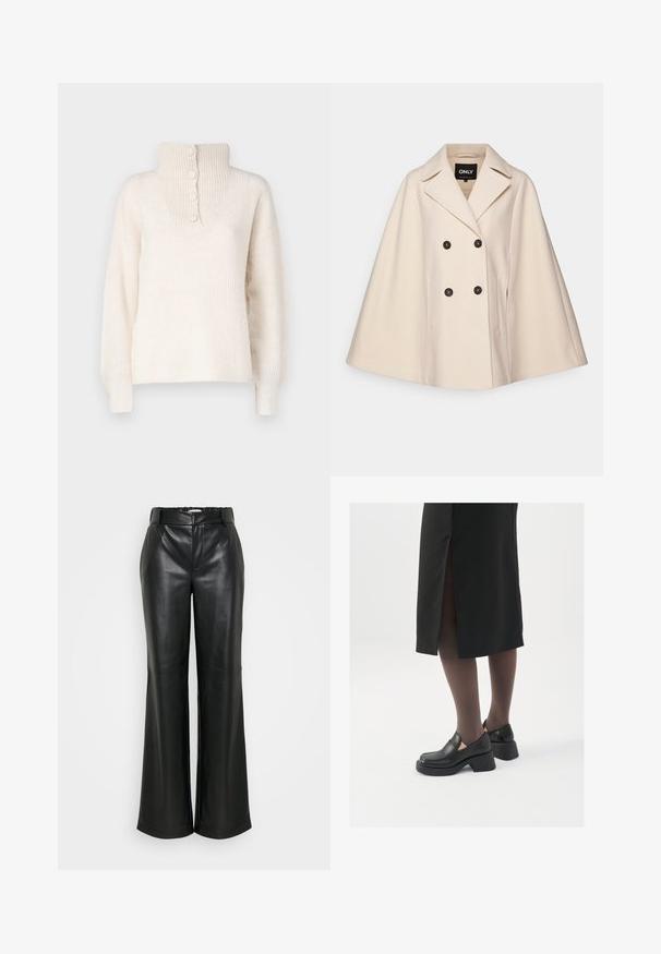 Bež kaput od vune s mješavinom, dvostrukog zatvaranja, velikim reverima i dva bočna džepa; sadrži tamne gumbe i mekanu teksturu.; JDY INGEBORG LIFE - Vesta - pumice stone; ONLY Tall ONLSMOOTH WIDE - Hlače - black; Crne kožne cipele s zaobljenim vrhom, debelim blok petama i elastičnim bočnim detaljima, uparene s tamnim čarapama i crnom suknjom s prorezom.