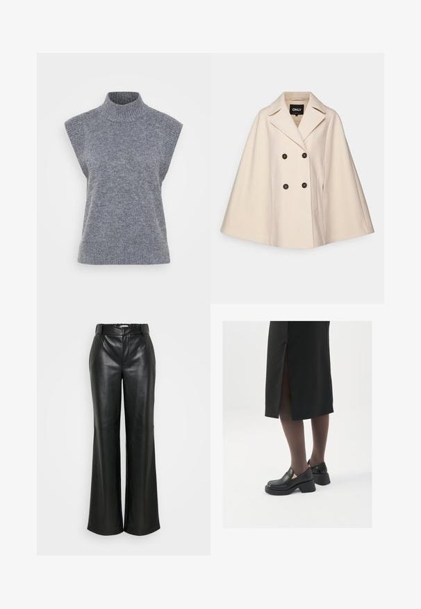 Beige ullblandingskappe med dobbeltradet design, store klaffer og to sidelommer; har mørke knapper og en myk tekstur.; Grå ermeløs høyhalset genser laget av ribbestrikket materiale, med en tettsittende silhuett og en myk tekstur.; ONLY Tall ONLSMOOTH WIDE - Bukse - black; Sorte lærersko med rund tå, tykk blokkheel og elastiske sideaksenter, sammen med mørke strømpebukser og et svart skjørt med splitt.