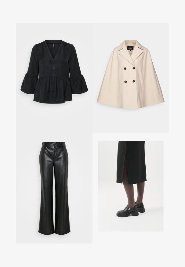 Beżowy płaszcz-kapa z mieszanki wełny, z podwójnym zapięciem, dużymi klapami i dwiema bocznymi kieszeniami; charakteryzuje się ciemnymi guzikami i miękką teksturą.; Czarny top peplum z dekoltem w kształcie V, listwą guzikową i rozszerzanymi rękawami. Wykonany z teksturowanej tkaniny o miękkim wykończeniu.; Czarny, prążkowany top z golfem, krótki rękaw, dopasowany krój, miękka faktura, minimalne szwy i wysoki kołnierz.; ONLY Tall ONLSMOOTH WIDE czarny; Czarne skórzane buty z okrągłym noskiem, grubym blokowym obcasem i elastycznymi akcentami po bokach, zestawione z ciemnymi rajstopami i czarną spódnicą z rozcięciem.