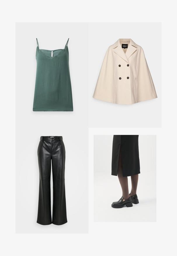 Cappotto in misto lana beige con design doppiopetto, ampi rever e due tasche laterali; presenta bottoni scuri e una trama morbida.; Top verde senza maniche con sottili spalline regolabili, scollatura a V, texture liscia e vestibilità rilassata, realizzato in tessuto leggero.; ONLY Tall ONLSMOOTH WIDE - Pantaloni - black; Scarpe in pelle nera con punta arrotondata, tacco spesso a blocco e accenti laterali in elastico, abbinate a collant scuri e una gonna nera con uno spacco.