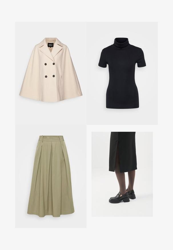 Capa de casaco em mistura de lã bege com um design de botão duplo, grandes lapelas e dois bolsos laterais; apresenta botões escuros e uma textura macia.; Top preto de gola alta, de manga curta, com um design ajustado, textura suave, costuras mínimas e uma gola alta.; Saia plissada em caqui, feita de tecido leve, com cintura alta e linhas limpas; apresenta um brilho subtil e sem adornos visíveis.; Sapatos de couro pretos com bico arredondado, salto bloco grosso e detalhes elásticos laterais, combinados com meias escuras e uma saia preta com uma abertura.