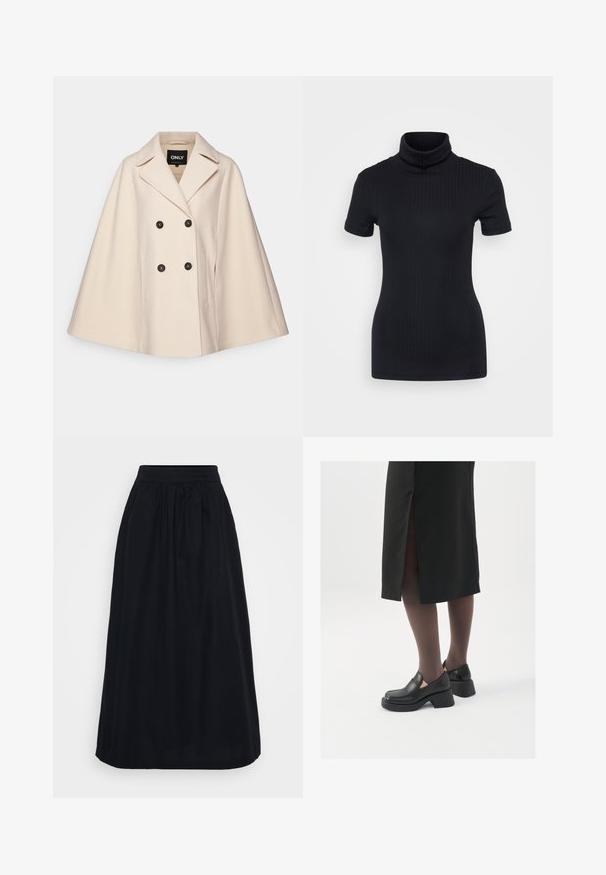Bež plašč iz volnene mešanice z dvojnim zapenjanjem, velikimi ovratniki in dvema stranskima žepoma; ima temne gumbe in mehak tekstur.; Črna rebrasta majica s turtleneck ovratnikom, kratkimi rokavi, prilegnjenim dizajnom, mehkimi vlakni, minimalnimi šivi in visokim ovratnikom.; Črna krila do kolen, izdelana iz gladkega materiala, z nabranim pasom in tekočim silhueto. Brez vidnih vzorcev ali dodatkov.; Črne usnjene čevlje s zaobljenim prstom, debelim blokastim petama in elastičnimi stranskimi detajli, v kombinaciji s temno nogavicami in črno krilo z razporkom.
