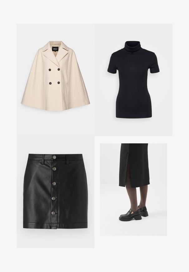 Béžový plédový kabát ze směsi vlny s dvojitým zapínáním, velkými klopami a dvěma bočními kapsami; má tmavé knoflíky a jemnou texturu.; Černý žebrovaný rolák, krátké rukávy, přiléhavý design, měkká textura, minimální švy a vysoký límec.; Černá kožená sukně s přiléhavým střihem, která má vpředu pět stříbrných kovových knoflíků a rovný lem. Hladká textura.; Černé kožené boty s kulatou špičkou, silným blokovým podpatkem a elastickými bočními akcenty, spárované s tmavými punčochami a černou sukní se rozparkem.