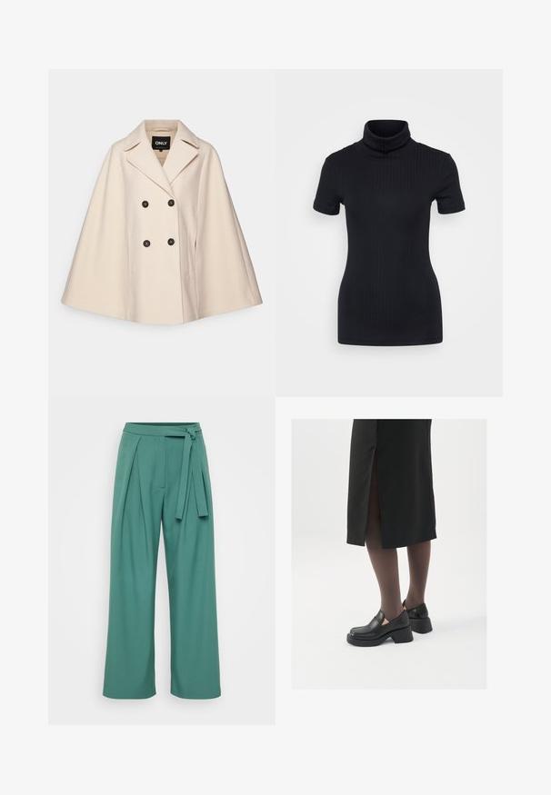 Beige ullblandingskappe med dobbeltradet design, store klaffer og to sidelommer; har mørke knapper og en myk tekstur.; Svart ribbet høyhalset topp, kort ermer, tettsittende design, myk tekstur, minimale sømmer og høy krage.; Teal viddebeinte bukser laget av glatt stoff, med belte i midjen, folder foran og en avslappet passform gjennom bena.; Sorte lærersko med rund tå, tykk blokkheel og elastiske sideaksenter, sammen med mørke strømpebukser og et svart skjørt med splitt.
