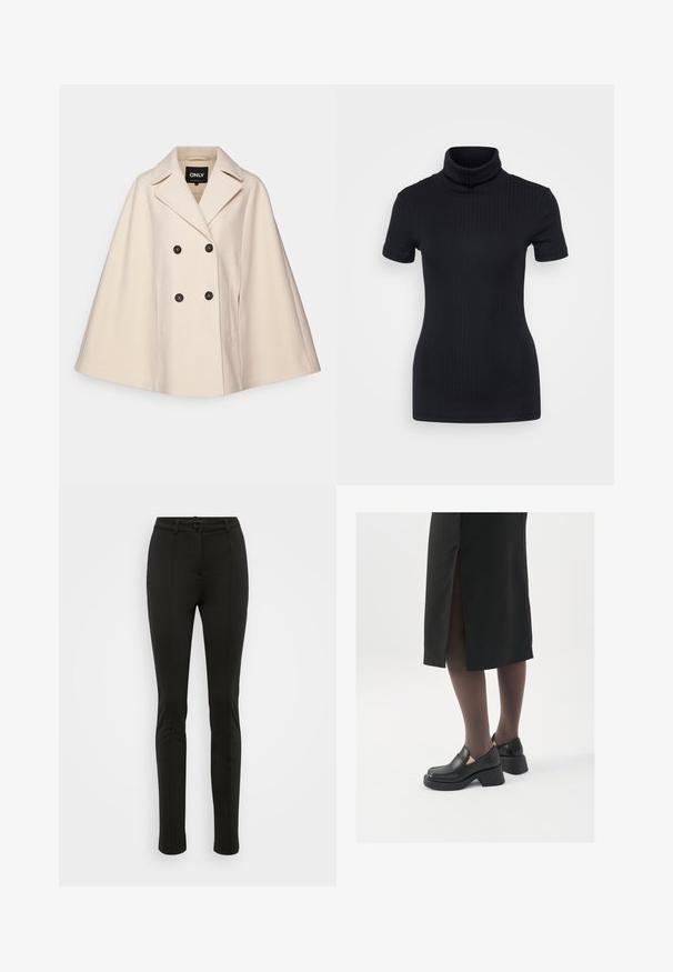Μπεζ παλτό από ανάμεικτο μάλλινο ύφασμα με διπλό κούμπωμα, μεγάλα πέτα και δύο πλαϊνές τσέπες. Διαθέτει σκούρα κουμπιά και απαλό υφή.; Μαύρη ριγωτή μπλούζα τύπου τζόκερ, κοντά μανίκια, εφαρμοστή γραμμή, μαλακή υφή, ελάχιστες ραφές και ψηλή κολάρο.; Μαύροι κομμένοι παντελόνες με στενή εφαρμογή. Διαθέτουν λεία υφή, λεπτομέρειες με πτυχώσεις στο μπροστινό μέρος και κλείσιμο με ένα κουμπί στη μέση.; Μαύρα δερμάτινα παπούτσια με στρογγυλή μύτη, χοντρό τετράγωνο τακούνι και ελαστικές πλάγιες λεπτομέρειες, συνδυασμένα με σκούρες καλσόν και μια μαύρη φούστα με σχίσιμο.