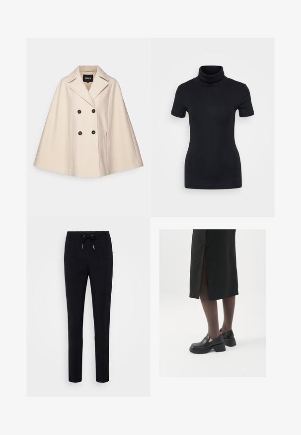 Beige villasegu lõngast kappa mantel, millel on topelt nööbid, suured kraed ja kaks küljetaskut; tumedad nööbid ja pehme tekstuur.; Mustmustriibuline kõrge kaelusega t-särk, lühikesed varrukad, keha ümber vormitud disain, pehme tekstuur, vähe õmblusi.; Mustad püksid joontega vööl, millel on ees voldid ja kitsenev lõige. Valmistatud siledast ja paindlikust kangast.; Mustad mustad jalatsid ümmarguse varbaga, paksu plokkniidi ja elastsete külgdetailidega, kombineeritud tumedate sukkade ja musta lõhikuga seelikuga.