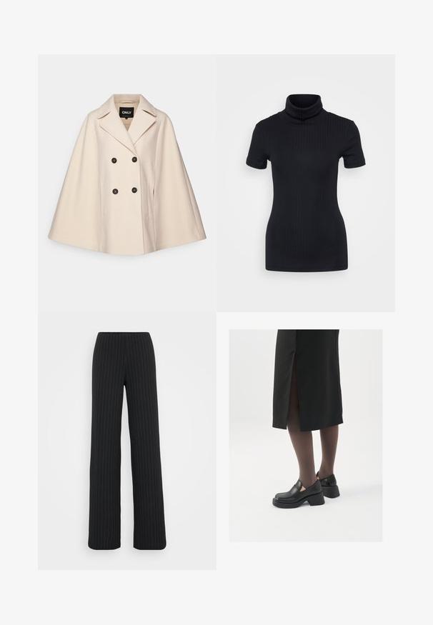 Šviesiai rudos vilnos mišinys, puspalčio paltas su dvigubu užsegimu, didelėmis apykaklėmis ir dviem šoninėmis kišenėmis; turi tamsius mygtukus ir švelnų tekstūrą.; Juodas raštuotas turtlenekas, trumpomis rankovėmis, prigludusi konstrukcija, minkšta tekstūra, minimalus siūlių skaičius ir aukšta apykaklė.; Vero Moda Tall VMBERLIN MY WIDE - Kelnės - obsidian/oatmeal; Juodos odinės bateliai su apvaliu nosiu, stora blokine pakulne ir elastingais šonais, derinami su tamsiomis pėdkelnėmis ir juoda sijonu su plyšiu.