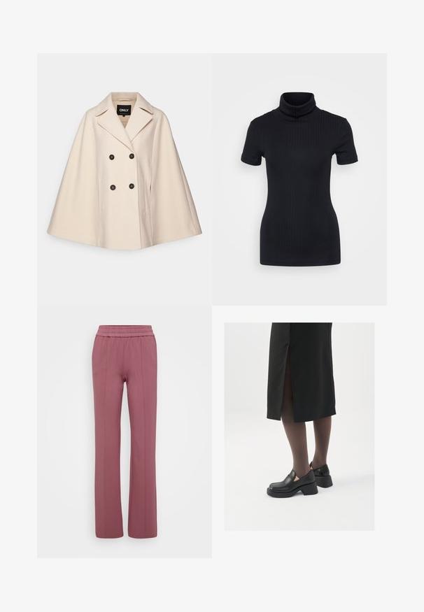 Capa de casaco em mistura de lã bege com um design de botão duplo, grandes lapelas e dois bolsos laterais; apresenta botões escuros e uma textura macia.; Top preto de gola alta, de manga curta, com um design ajustado, textura suave, costuras mínimas e uma gola alta.; Calças retas de cor mauve claro com um cós elástico. Feitas de material suave, com costuras verticais para um visual elegante.; Sapatos de couro pretos com bico arredondado, salto bloco grosso e detalhes elásticos laterais, combinados com meias escuras e uma saia preta com uma abertura.