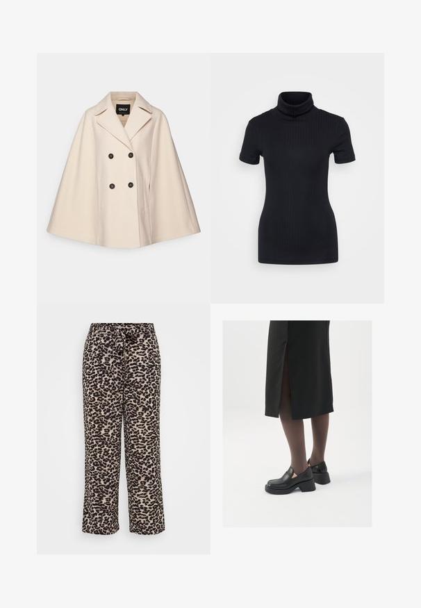 Šviesiai rudos vilnos mišinys, puspalčio paltas su dvigubu užsegimu, didelėmis apykaklėmis ir dviem šoninėmis kišenėmis; turi tamsius mygtukus ir švelnų tekstūrą.; Juodas raštuotas turtlenekas, trumpomis rankovėmis, prigludusi konstrukcija, minkšta tekstūra, minimalus siūlių skaičius ir aukšta apykaklė.; Plačios sampratos kelnės, pagamintos iš minkštos medžiagos, su leopardų raštu smėlio ir juodos spalvos. Reguliuojamas juosmuo su raišteliu.; Juodos odinės bateliai su apvaliu nosiu, stora blokine pakulne ir elastingais šonais, derinami su tamsiomis pėdkelnėmis ir juoda sijonu su plyšiu.
