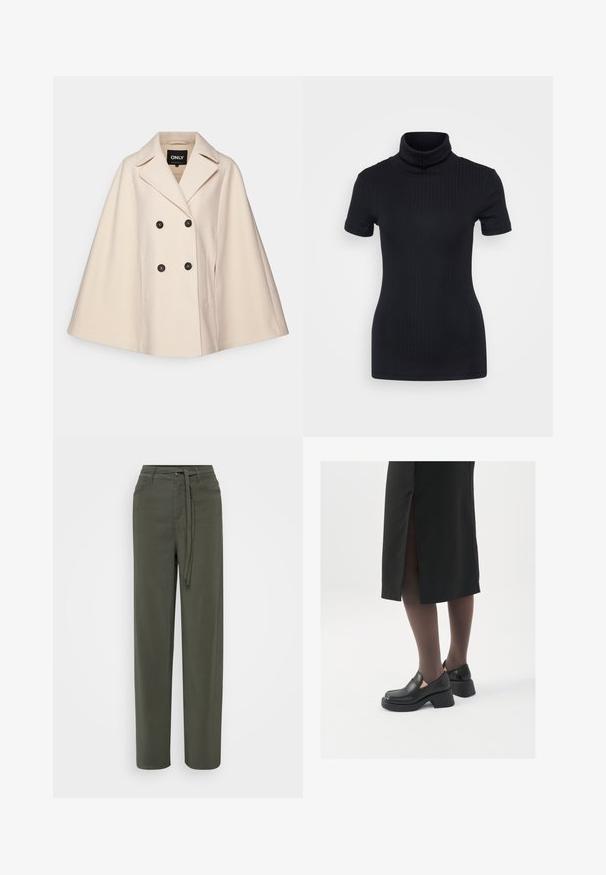Beige villasegu lõngast kappa mantel, millel on topelt nööbid, suured kraed ja kaks küljetaskut; tumedad nööbid ja pehme tekstuur.; Mustmustriibuline kõrge kaelusega t-särk, lühikesed varrukad, keha ümber vormitud disain, pehme tekstuur, vähe õmblusi.; Roheline, laiade jalgadega püksid, mis on valmistatud kergest kangast, millel on vööga talje, ees olevad taskud ja sile tekstuur.; Mustad mustad jalatsid ümmarguse varbaga, paksu plokkniidi ja elastsete külgdetailidega, kombineeritud tumedate sukkade ja musta lõhikuga seelikuga.