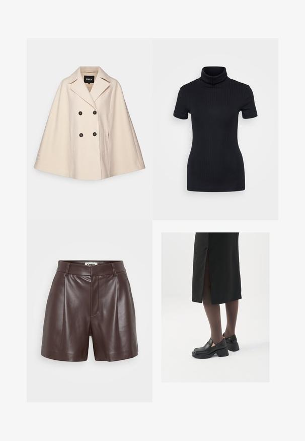 Beige wool blend cape coat with a double-breasted design, large lapels, and two side pockets; features dark buttons and a soft texture.; Black ribbed turtleneck top, short sleeves, form-fitting design, soft texture, minimal seams, and a high collar.; Brown leather shorts with a tailored fit, featuring front pleats and a smooth texture. Straight hem with a classic waistband design.; Black leather shoes with a rounded toe, thick block heel, and elastic side accents, paired with dark tights and a black skirt with a slit.
