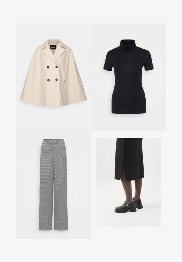 Beige gyapjú keverék köpeny, dupla gombos kialakítással, nagy hajtogatókkal és két oldalsó zsebbel; sötét gombokkal és puha textúrával rendelkezik.; Fekete bordás garbó, rövid ujjú, testhez simuló dizájn, puha tapintás, minimális varrásokkal és magas gallérral.; Fekete-fehér csíkos, széles szárú nadrág, húzózsinórral a derékrészen. Puha anyag, laza szabás és függőleges csíkos mintázat jellemzi.; Fekete bőr cipők lekerekített orral, vastag blokk sarkakkal és elasztikus oldalsó díszítésekkel, sötét harisnyával és hasítékkal ellátott fekete szoknyával párosítva.
