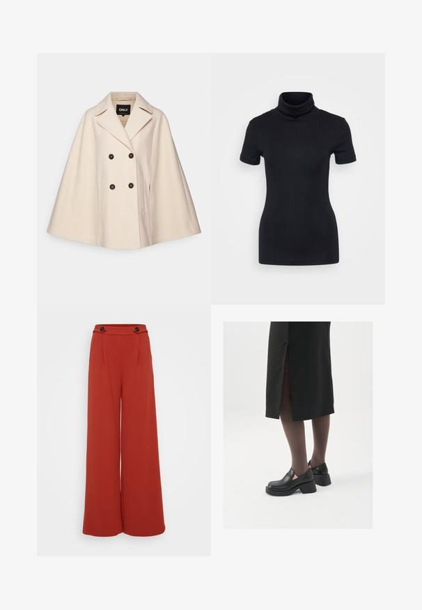 Beige wool blend cape coat with a double-breasted design, large lapels, and two side pockets; features dark buttons and a soft texture.; Black ribbed turtleneck top, short sleeves, form-fitting design, soft texture, minimal seams, and a high collar.; Wide-leg trousers in a deep reddish-orange fabric. Features two front pleats and two buttons on the waistband. Smooth texture, casual design.; Black leather shoes with a rounded toe, thick block heel, and elastic side accents, paired with dark tights and a black skirt with a slit.