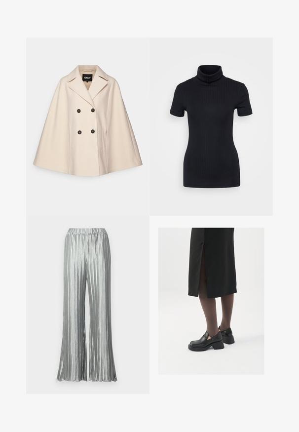 Bež plašč iz volnene mešanice z dvojnim zapenjanjem, velikimi ovratniki in dvema stranskima žepoma; ima temne gumbe in mehak tekstur.; Črna rebrasta majica s turtleneck ovratnikom, kratkimi rokavi, prilegnjenim dizajnom, mehkimi vlakni, minimalnimi šivi in visokim ovratnikom.; Metalne srebrne široke hlače s plisiranim dizajnom, elastičnim pasom in tekočim videzom, z vertikalno rebrasto teksturo po celotnem obsegu.; Črne usnjene čevlje s zaobljenim prstom, debelim blokastim petama in elastičnimi stranskimi detajli, v kombinaciji s temno nogavicami in črno krilo z razporkom.