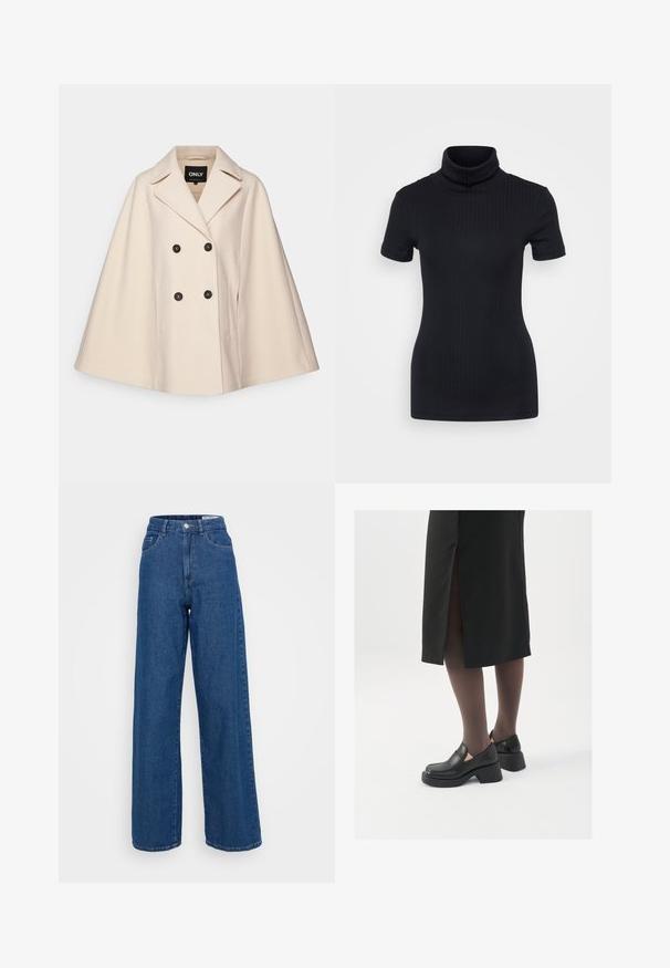Bež plašč iz volnene mešanice z dvojnim zapenjanjem, velikimi ovratniki in dvema stranskima žepoma; ima temne gumbe in mehak tekstur.; Črna rebrasta majica s turtleneck ovratnikom, kratkimi rokavi, prilegnjenim dizajnom, mehkimi vlakni, minimalnimi šivi in visokim ovratnikom.; Široke modre kavbojke z visokim pasom, sprednjimi žepi in subtilnim vzorcem pranja. Zaključene z gumbom in zadrgo.; Črne usnjene čevlje s zaobljenim prstom, debelim blokastim petama in elastičnimi stranskimi detajli, v kombinaciji s temno nogavicami in črno krilo z razporkom.