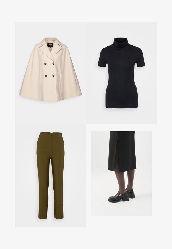 Beige villa sekoittumalla takki, jossa on kaksoisnappi, suuret kaulukset ja kaksi sivutaskua; siinä on tummat napit ja pehmeä rakenne.; Musta ribbed poolikaeluse top, lühikesed varrukad, keha külge liibuv disain, pehme tekstuur, minimaalsed õmblused ja kõrge krae.; Oliivivihreät muotitrousrit korkean vyötärön kanssa, joissa on etupuoliskot ja suoran lahkeen muotoilu, valmistettu sileästä kankaasta.; Mustat nahkakengät pyöreällä kärjellä, paksulla lohkopohjalla ja joustavilla sivuakkesseilla, yhdistettynä tummiin sukkahousuihin ja mustaan hameeseen, jossa on halkio.