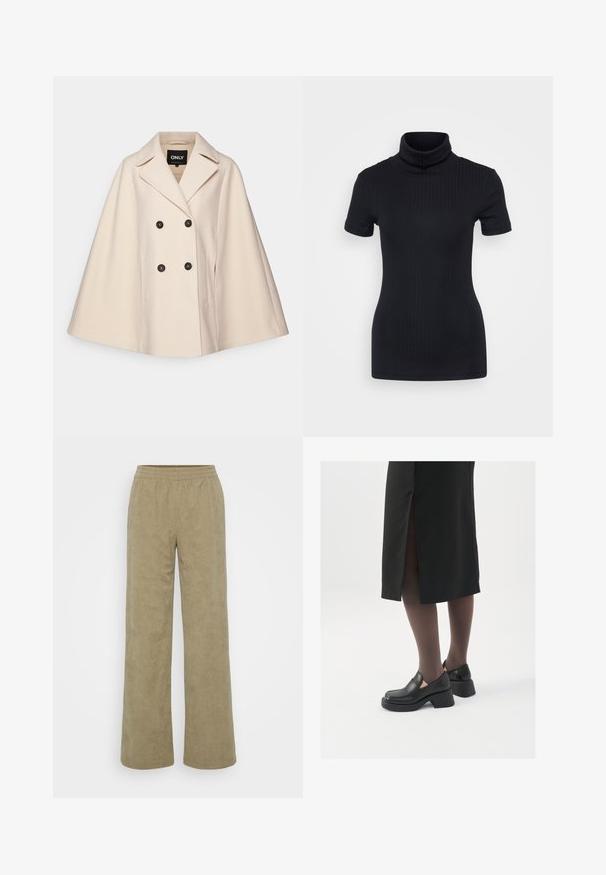 Bež plašč iz volnene mešanice z dvojnim zapenjanjem, velikimi ovratniki in dvema stranskima žepoma; ima temne gumbe in mehak tekstur.; Črna rebrasta majica s turtleneck ovratnikom, kratkimi rokavi, prilegnjenim dizajnom, mehkimi vlakni, minimalnimi šivi in visokim ovratnikom.; Široke kordovske hlače v utišanem olivno zeleni barvi. Imajo teksturirane linije, elastičen pas in sproščen kroj. Žepov ni vidnih.; Črne usnjene čevlje s zaobljenim prstom, debelim blokastim petama in elastičnimi stranskimi detajli, v kombinaciji s temno nogavicami in črno krilo z razporkom.