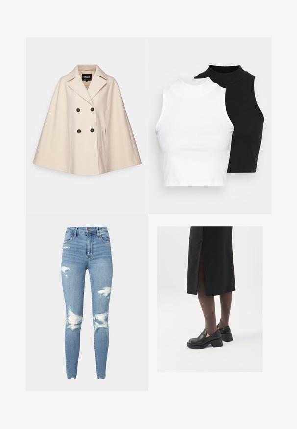 Béžový plédový kabát ze směsi vlny s dvojitým zapínáním, velkými klopami a dvěma bočními kapsami; má tmavé knoflíky a jemnou texturu.; Dvě bezrukávové halenky s ribovým stojáčkem v černé a bílé barvě, které mají přiléhavý střih a hladkou texturu, s krácenou délkou.; Džíny s vysokým pasem v světle modré denimové barvě s roztržením na kolenou a rozervanými okraji, obsahující pět kapes a zapínání na knoflík.; Černé kožené boty s kulatou špičkou, silným blokovým podpatkem a elastickými bočními akcenty, spárované s tmavými punčochami a černou sukní se rozparkem.