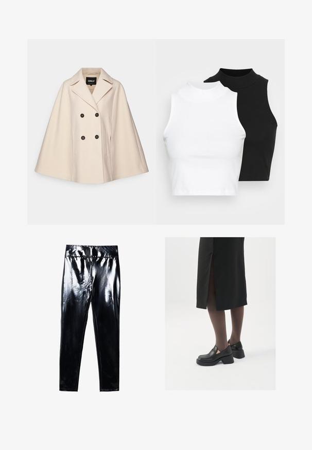 Manteau cape en mélange de laine beige avec un design croisé, grands revers et deux poches latérales ; présente des boutons foncés et une texture douce.; Deux hauts sans manches en maille côtelée, en noir et blanc, dotés d'un design ajusté et d'une texture lisse, avec une longueur courte.; Leggings noirs à finition brillante présentant une surface lisse et glossy. Taille élastique et design ajusté avec une forme de jambe effilée.; Chaussures noires en cuir avec un bout arrondi, un épais talon bloc et des accents latéraux élastiques, associées à des bas foncés et une jupe noire avec une fente.