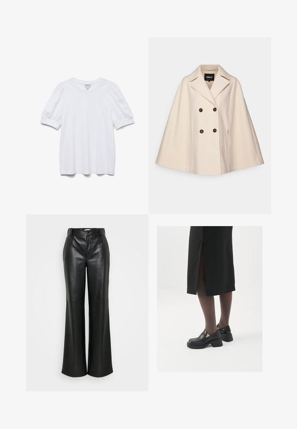 Beżowy płaszcz-kapa z mieszanki wełny, z podwójnym zapięciem, dużymi klapami i dwiema bocznymi kieszeniami; charakteryzuje się ciemnymi guzikami i miękką teksturą.; Biała bluzka z krótkim rękawem, okrągłym dekoltem i bufiastymi rękawami. Wykonana z gładkiego materiału, z metką oznaczoną "AWARE".; ONLY Tall ONLSMOOTH WIDE czarny; Czarne skórzane buty z okrągłym noskiem, grubym blokowym obcasem i elastycznymi akcentami po bokach, zestawione z ciemnymi rajstopami i czarną spódnicą z rozcięciem.