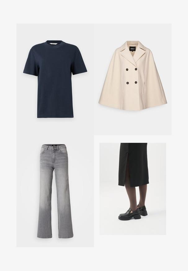 Beige villasegu lõngast kappa mantel, millel on topelt nööbid, suured kraed ja kaks küljetaskut; tumedad nööbid ja pehme tekstuur.; Tumesinine lühikeste varrukatega T-särk, mis on valmistatud puuvillast, ümarate kaelustega ja vabalt lõigatud, minimaalse detaili kujundusega.; Kõrge vöökoht, sirged hallid teksad, millel on ees nupp ja lukku, ees ja taga taskud ning hägune varjund reitel ja sääremarjadel.; Mustad mustad jalatsid ümmarguse varbaga, paksu plokkniidi ja elastsete külgdetailidega, kombineeritud tumedate sukkade ja musta lõhikuga seelikuga.