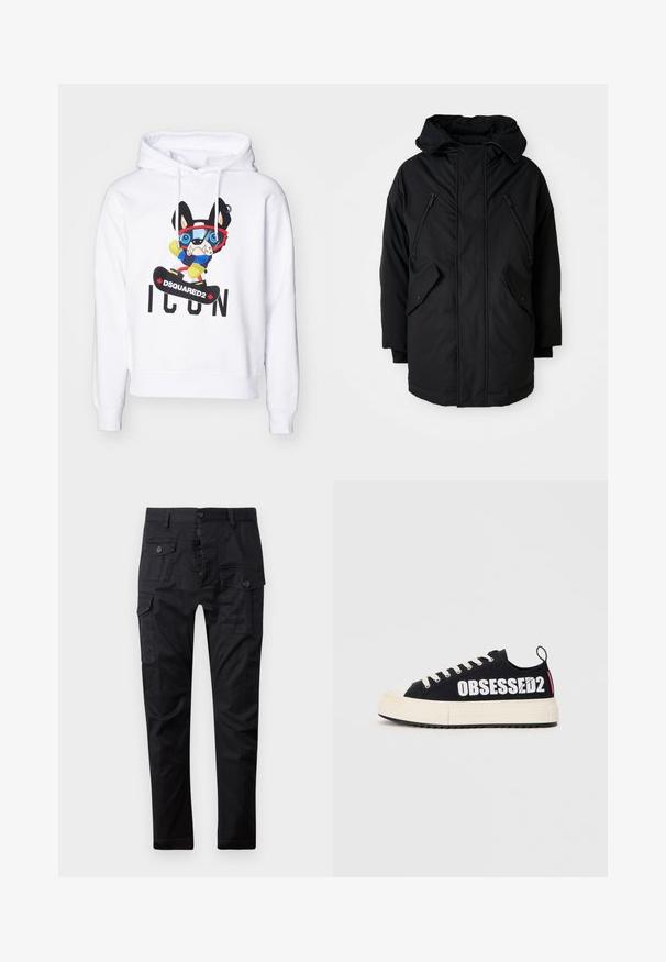 Juodas parkas su kapišonu, turintis dvi užtrauktukais uždaromas krūtines kišenes, dvi kišenes su apykakle ir laisvą siluetą. Minkšta medžiaga su glotnia tekstūra.; Baltas džemperis su gausiai spalvotu pieštuku pavaizduotu šunimi, dėvinčiu akinius, mėlyną megztinį ir geltonas pirštines, o apačioje yra užrašas "DSQUARED2 ICON".; Juodi krovinių kelniai, pagaminti iš patvarios medžiagos, užtikrinantys daugybę kišenių, mygtukų užtrauktuką ir tiesaus kirpimo dizainą. Lygi tekstūra ir matinė apdaila.; Juodos kanvoso sportbačiai su baltais "OBSESSED2" užrašais, kreminės spalvos guminis padas, plokščios raišteliai ir galinė kilpa. Pateikta šoninė peržiūra.