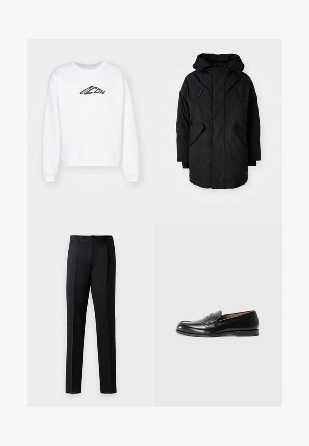 Black parka with a hood, featuring two zippered chest pockets, two flap side pockets, and a relaxed fit. Soft fabric with a smooth texture.; White sweatshirt with a crew neck, featuring a black "ICON" logo printed on the front. It has a relaxed fit and ribbed cuffs at the sleeves.; Black formal trousers made of a smooth fabric, featuring a straight leg design, front pleats, and standard waistband without embellishments.; Leather loafers in black with a smooth finish, rounded toe, decorative stitching, and a small metal accent on the front.