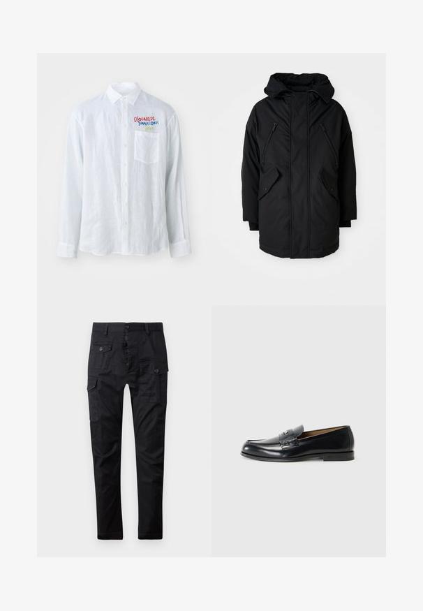 Parka nera con cappuccio, dotata di due tasche sul petto con zip, due tasche laterali con patta e una vestibilità comoda. Tessuto morbido con una superficie liscia.; Camicia bianca a maniche lunghe in un tessuto testurizzato, con taschino sul petto e testo ricamato multicolore sul lato sinistro.; Pantaloni cargo neri realizzati in tessuto resistente, dotati di multiple tasche, chiusura con bottone e design a gamba dritta. Texture liscia e finitura opaca.; Mocassini in pelle neri con finitura liscia, punta rotonda, cuciture decorative e un piccolo dettaglio metallico sul davanti.