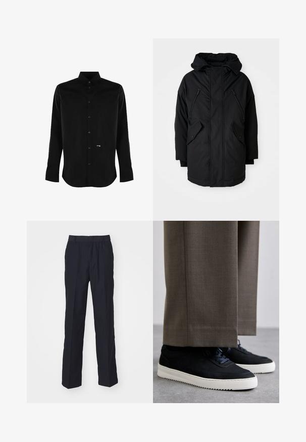 Black parka with a hood, featuring two zippered chest pockets, two flap side pockets, and a relaxed fit. Soft fabric with a smooth texture.; Black long-sleeve shirt with a button-up front, classic collar, and subtle tag detail. Smooth fabric with a tailored fit.; Navy blue trousers made of lightweight fabric, featuring a straight-leg design, elastic waistband, and no visible pockets or patterns.; Black suede sneakers with white rubber soles, featuring a rounded toe and laces, worn with gray tailored pants.
