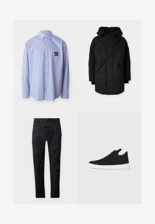 Čierna parka s kapucňou, so ženou dvomi zipsovými náprsními vreckami, dvomi bočnými vreckami s chlopňou a uvoľneným strihom. Mäkko tkanina s hladkou textúrou.; Modrá a biela pruhovaná košeľa s dlhým rukávom vyrobená z bavlny. Má golier na gombíky a náprsné vrecko s námorníckym logom.; Čierne cargo nohavice vyrobené z odolného materiálu, s viacerými vreckami, so zapínaním na gombík a priamym strihom. Hladká textúra a matný povrch.; čierne semišové tenisky s bielou gumovou podrážkou, s tonálnym prešívaním a šnurovaním. Hladká textúra s moderným, zjednodušeným tvarom.