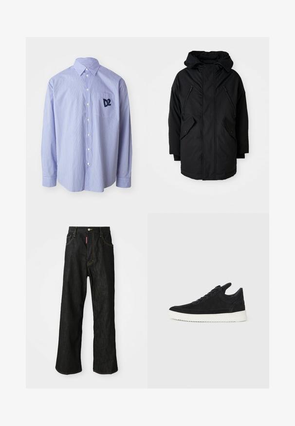 Fekete parkatartó kapucnival, két zipzáras mellettes zsebbel, két fedeles oldalzsebbel és laza szabással. Puha anyag sima felülettel.; Kék és fehér csíkos, hosszú ujjú, 100% pamut ing. Gombos gallérral és mellzsebből látható sötétkék logóval rendelkezik.; Fekete egyenes szárú farmernadrág sárga varrással, öt zsebes kialakítással, gombos záródással és egy apró piros címkével a jobb elülső zseben.; Fekete nubuk sportcipő fehér gumitalppal, tónusos varrással és fűzős kialakítással. Simák a textúrája, modern, letisztult formával rendelkezik.