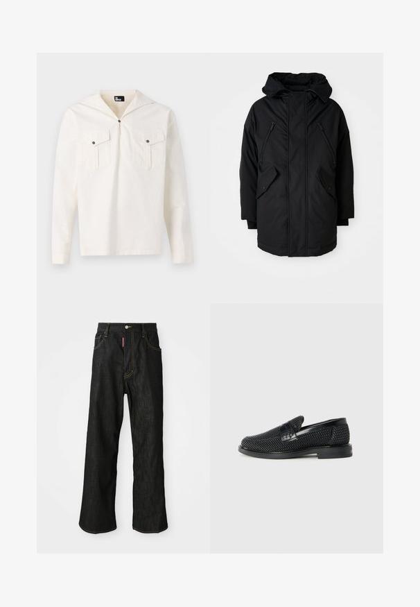 Parka nera con cappuccio, dotata di due tasche sul petto con zip, due tasche laterali con patta e una vestibilità comoda. Tessuto morbido con una superficie liscia.; Camicia a maniche lunghe color crema con cappuccio, chiusura frontale con bottoni, due tasche sul petto con aletta e una texture del tessuto liscia.; Jeans neri a gamba dritta con cuciture gialle, design a cinque tasche, chiusura con bottone e un piccolo etichetta rossa sulla tasca anteriore destra.; Scarpa nera a mocassino intrecciata con un accentuato in pelle liscia sulla parte superiore, design a punta rotonda e suola in gomma a profilo basso.