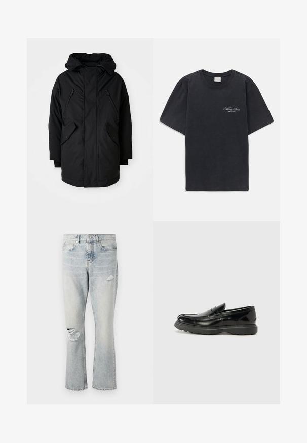 Parka neagră cu glugă, având două buzunare frontale cu fermoar, două buzunare laterale cu clapetă și o croială lejeră. Material moale cu o textură fină.; Tricou negru cu mânecă scurtă și gât rotund, având un mic logo alb "Filling Pieces" pe partea stângă a pieptului.; Blugi din denim de culoare albastră deschisă, cu talie înaltă, picioare drepte și detalii uzate pe coapsa dreaptă și genunchiul stâng.; Mocasin din piele neagră cu o finisare lucioasă, vârf rotunjit, detalii de cusătură subtile și o talpă groasă din cauciuc pentru durabilitate.