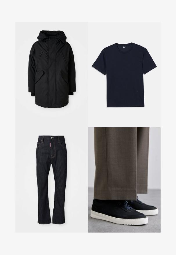 Črna parka s kapuco, ki ima dve žepni zadrži na prsih, dva stranska žepa z poklopcem in sproščen kroj. Mehka tkanina z gladko teksturo.; Bordo modra bombažna majica s kratkimi rokavi, okroglim izrezom in minimalnimi šivi. Preprost dizajn brez vidnih vzorcev ali dodatkov.; Temno modri ravni kavbojki z rumenim šivom, gumbom na sprednji strani, zadrgo in rdečo nalepko na robu desnega žepa.; Črne nubuk teniske z belimi gumijastimi podplati, ki imajo zaobljen nos in vezalke, oblečene z sivimi krojenimi hlačami.